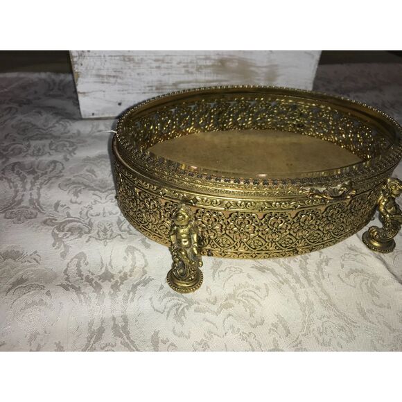 Incredible antique jewelry casket; beveled glass cherub corners gold filigree - Picture 5 of 7